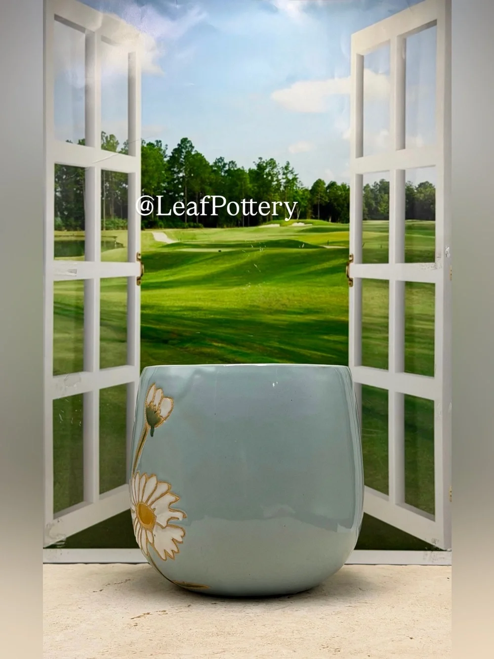 Handmade Ceramic Daisy Planter with Drainage Hole, Cute Light Blue flower pot